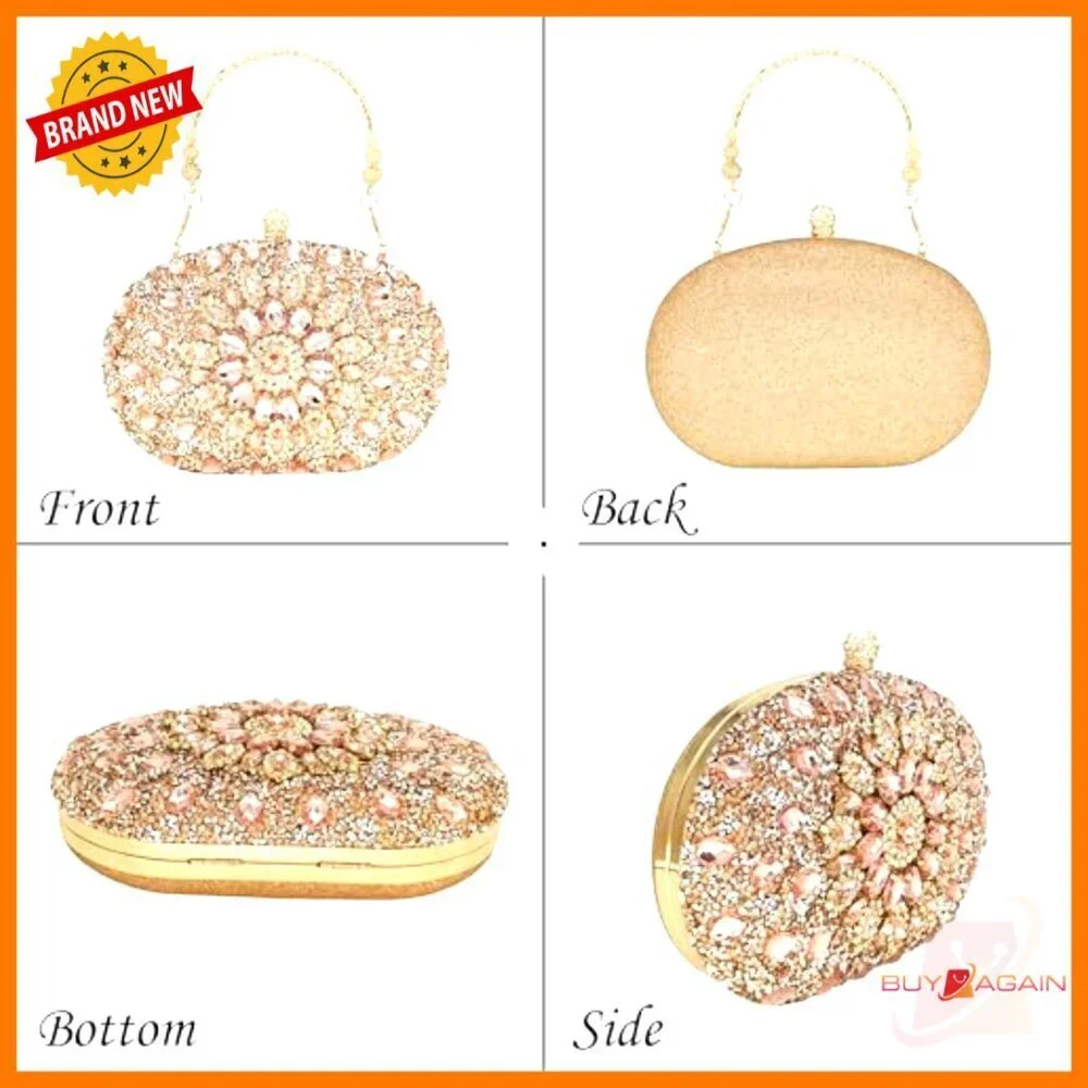 Rhinestone Clutch Evening Bag with Pearl Clasp, Crossbody Chain